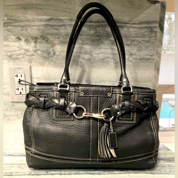 COACH HAMPTON BLACK PEBBLED‎ LEATHER SHOULDER HANDBAG - Picture 1 of 12
